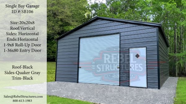 20x20x8 Single Bay Steel Garage