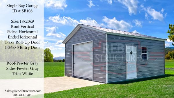 18x20x9 Single Bay Steel Garage