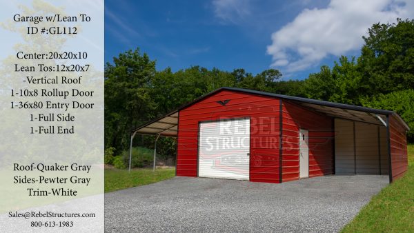 44x20x10 Metal Garage with Lean Tos