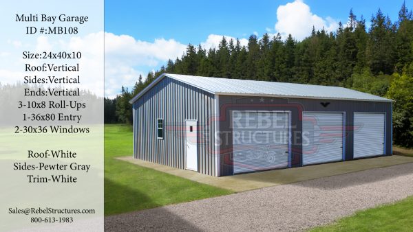 24x40x10 All Vertical Multi-bay Metal Garage