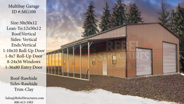 30x50x12 All Vertical Garage with Lean To